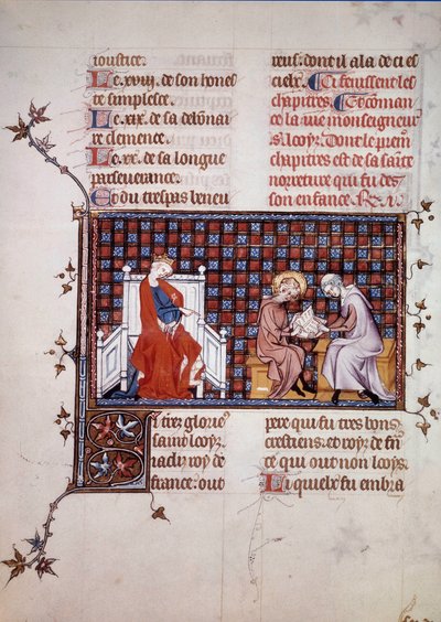 Blanche de Castille, Rainha de França (1188-1252), dirigindo a educação de seu filho Luís IX (1214-1270) (Saint Louis Miniature de um manuscrito "Vida e Milagres de Saint Louis", de Guilherme de Saint Pathus. 1320. Paris, B.N. de Unknown artist