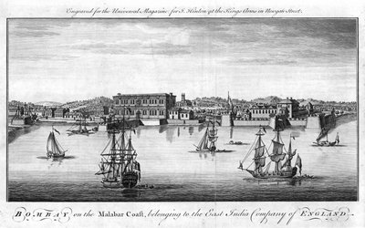 Bombay, o porto da Companhia das Índias Orientais da Inglaterra na costa de Malabar na Índia, com navios comerciais da Companhia em primeiro plano e armazéns e edifícios de cais atrás. Gravura em placa de cobre, Londres de Unknown artist