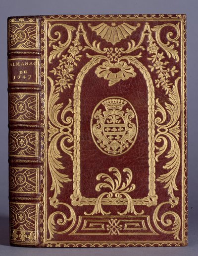 A capa do livro, encadernação com ornamentos, varia até os braços da família de berço de um almanaque a partir de 1747. Paris, Artes Decorativas de Unknown artist