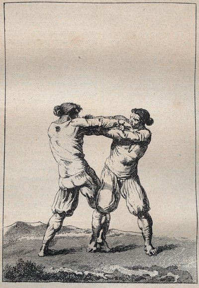 Lutadores bretões gravados em "Voyage dans le Finistere ou État de ce département en 1794 et 1795" por Jacques Cambry (1749-1807) de Unknown artist