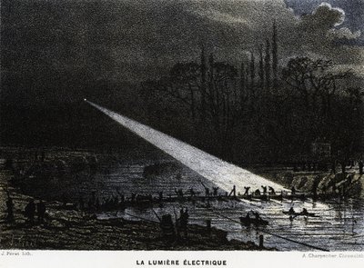 Construção de defesas ao longo do Sena, à noite, utilizando arco de luz. Verruga franco-prussiana de Unknown artist