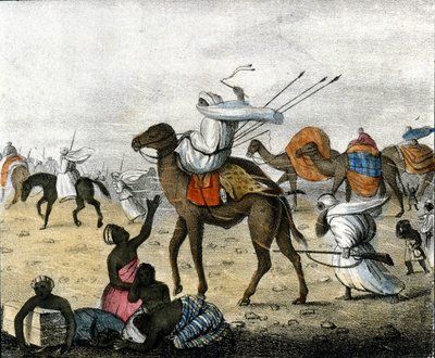 Caravana no deserto, em Marrocos, durante uma tempestade de vento. de Unknown artist