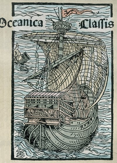 Caravela "La Pinta" da expedição de Cristóvão Colombo (gravura a cores) de Unknown artist
