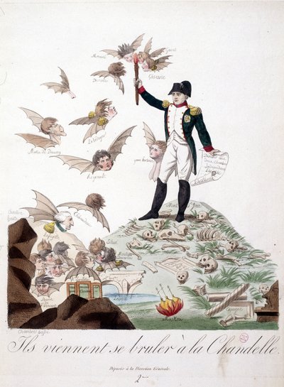 Desenho animado sobre Napoleão I retratado numa colina coberta de esqueletos e segurando uma vela que queima as asas das personagens (Merlin de douai, Regnault...) representadas em morcego. - em Napoleão I, caricaturas, colecção de bonecos. 1814 - 1815. B. de Unknown artist