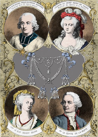 Caso do colar da Rainha Maria Antonieta - as protagonistas do caso: Louis Rene Edouard de Rohan (Cardeal de Rohan), Jeanne de Valois Saint Remy (Valois-Saint-Remy), Conde de la Motte e Mademoiselle Le Guet d