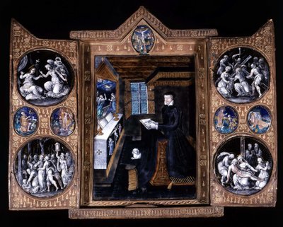 Catherine de Medicis (Caterina de Medici) (1519-1589) em oração - tríptico e-mail e couro de Unknown artist