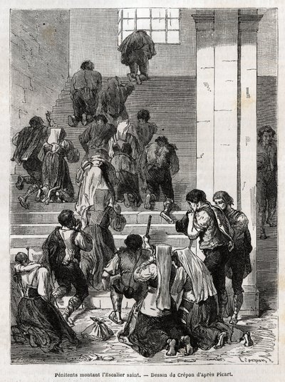 Penitentes católicos subindo a escadaria sagrada até Roma. Gravura para ilustrar a história de Ludovic Celler; a Semana Santa em Roma de Unknown artist