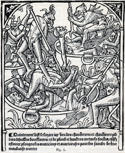 Caldeirões cheios de óleo fervente e chumbo em que os demónios mergulham os gananciosos para os embebedar com a sua má descrição da ganância de Lázaro do inferno. Fac simile du "Calendrier des Bergers" profetique almanach impresso por Claude Nourry em 1504 de Unknown artist