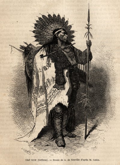 Chefe Yellow Moccassin, da tribo indígena Crow, que vive ao longo do rio Lewis. Gravura para ilustrar uma excursão entre as tribos indígenas das bacias da Colômbia e do Alto Missouri, de G. Catlin, em 1855, publicada em "le tour du monde", sob o de Unknown artist