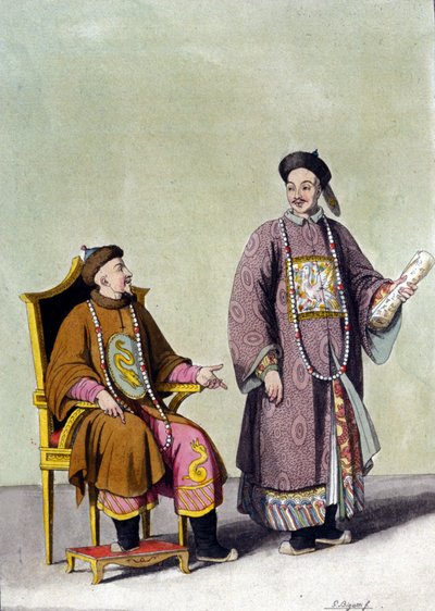 Imperador chinês de tártaro com o seu mandarim - in" Le costume ancien et moderne" de J. Ferrario, ed. Milão de Unknown artist