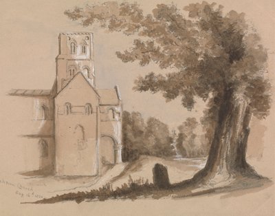 Igreja com Árvore e Tombstone em Primeiro Plano de Unknown artist