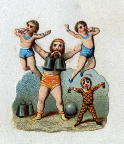 Circo: um alterofilo levanta dois homens à distância de um braço enquanto segura um peso entre os dentes para demonstrar o que seus músculos podem fazer. Cromolitografia por volta de 1890. de Unknown artist