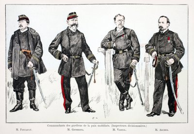 Comandantes das forças de paz mobilizadas (inspectores de divisão), da esquerda para a direita: Sr. Foucault, Sr. Giobergia, Sr. Vassal, Sr. Archer. Eau forte en couleurs, para ilustração do livro "Histoire du corps des gardiens de la paix" publicado sob o de Unknown artist