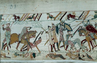 Conquete da Inglaterra pelo Duque da Normandia Guilherme o Conquistador (1027-1087) em 1066: a morte do Rei Harold II por uma seta no olho na Batalha de Hastings Detalhe da Tapeçaria de Bayeux ou Bordado da Rainha Mathilde de Unknown artist