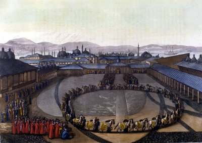 Constantinopla: Porta da Felicity. Esta porta dá acesso ao interior do palácio onde o Sultão vive com a sua família e as senhoras do seu Harem. Em "Le costume ancien et moderne". de Unknown artist
