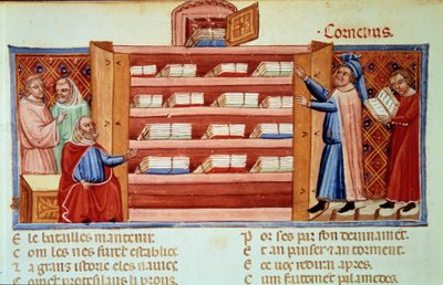 Cornelius Nepos, biógrafo romano (100-v.25 a.C.), descobre em um armário a História de Tróia dos Desafios Frígio. Miniatura em "Le Roman de Troie" (Folio 2v) de Benoit de Sainte-Maure (século XII) de Unknown artist