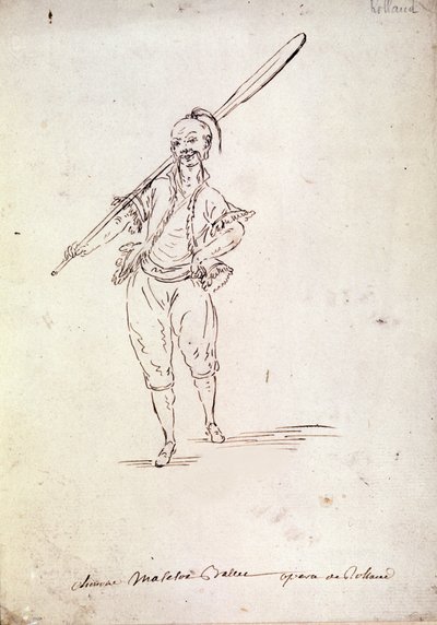 Figurino para o personagem de Roland na ópera homônima do compositor Niccolo Vito Piccinni (ou Piccini) (1728-1800) após um libreto de Jean Francois Marmontel (1778). Desenho do final do século XVIII de Unknown artist