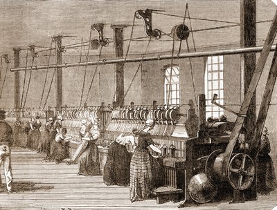Oficina de tecelagem de algodão. Gravura de 1860. de Unknown artist