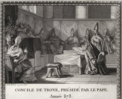 Conselho de Troye em 7 de Setembro de 878. Em maio de 878, o Papa João VIII ameaçado por sarracenos e nobres italianos, veio refugiar-se em Arles sob o comando do Duque Boson e de sua esposa Ermengarde. Ele o acompanha em Troyes ou está organizando um gran de Unknown artist