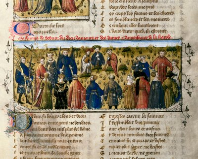 Diversões da quadra: danças e jogos. A cena acontece na presença dos deuses do Amor, Beleza, Entrega, Franquia, Cortesia e Juventude. Miniatura de "" O Romano da Rosa "". Século XIV de Valência. Biblioteca da Universidade. ©AISA/Leemage de Unknown artist