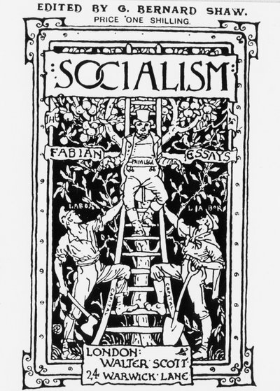 Capa da revista "Socialismo" da Fabian Society, editada por G. B. Shaw. A alegoria representa o privilégio no topo da escala simbolizando o capital e a supervisão dos trabalhadores com duas armas. Gravura. de Unknown artist