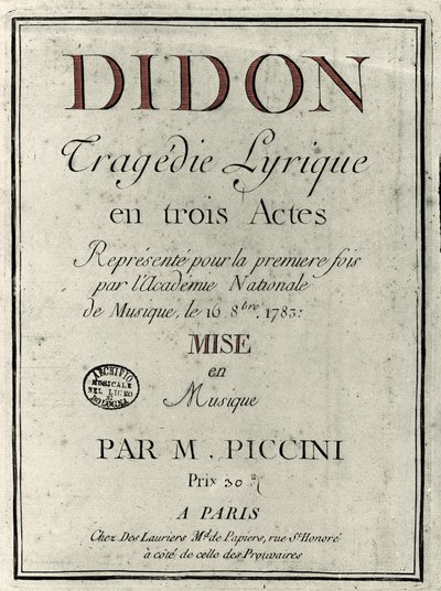 Capa do libreto da ópera "Didon" do compositor Niccolo Vito Piccinni (ou Piccini) (1728-1800). 1783 de Unknown artist