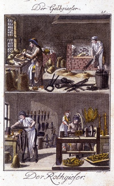 Artesanato: fundição de cobre e dinandier em suas oficinas. Em "Comprehensive description of arts and crafts and workshops for young people" por Johan Peter Vire. Ed. Nuremberga, Weigel e Schneider de Unknown artist
