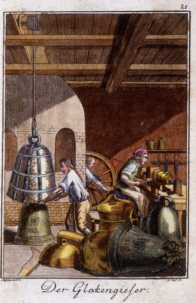 Ofício artesanal: o fazedor de sinos na sua oficina. Em "Comprehensive description of arts and crafts and workshops for young people" por Johan Peter Vue. Ed. Nuremberga, Weigel e Schneider de Unknown artist