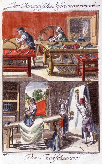Artesanato: fabricante de instrumento cirúrgico (topo) e aparador de bainha (fundo) na sua oficina. Em "Comprehensive description of arts and crafts and workshops for young people" por Johan Peter Vue. Ed. Nuremberga, Weigel e Schneider de Unknown artist