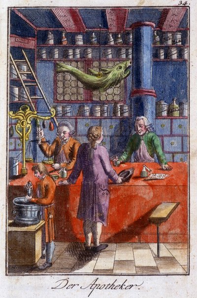 Artesanato: o boticário (farmacêutico) na sua oficina. Em "Comprehensive description of arts and crafts and workshops for young people" por Johan Peter Vire. Ed. Nuremberga, Weigel e Schneider de Unknown artist