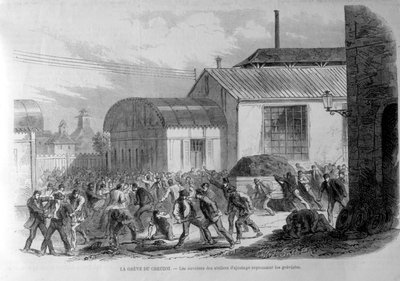 Greve Creusot. Os trabalhadores das lojas de ajustes repelindo os grevistas. Gravação do século XIX. de Unknown artist