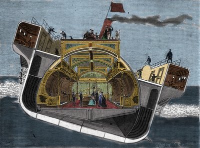 Secção transversal de um barco concebido por Henry Bessemer (1813-1898) contra os enjoos do mar. Gravura do século XIX. de Unknown artist