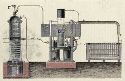 Corte do aparelho industrial de Ferdinand Carre (1824-1894) para fazer gelo. Gravura do século XIX de Unknown artist