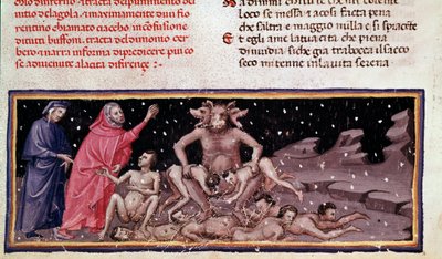 Dante e Virgil conhecem Ciacco e Cerbere com o glutão (canção 9 do Inferno, na Divina Comédia) - miniatura de Unknown artist