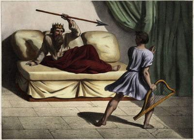 David a fazer de cítara perante o Rei Saul para o apaziguar. Gravura anónima de meados do século XIX. de Unknown artist