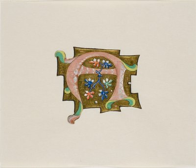 Inicial "A" decorada em cor-de-rosa com seis folhas e duas bolas, de um livro de coro de Unknown artist