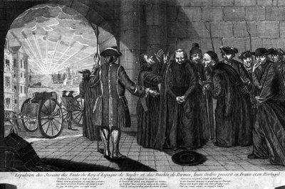 Deportação dos jesuítas em 21/07/1773: Expulsão dos jesuítas dos estados do Rei de Espanha, Nápoles e do Ducado de Parma, suas ordens proibidas na França e em Portugal. Gravura desde o início do século XIX de Unknown artist
