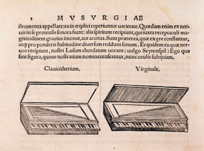 Descrição de cravo e spinet. Página de Musurgia sua praxis musicae de Unknown artist