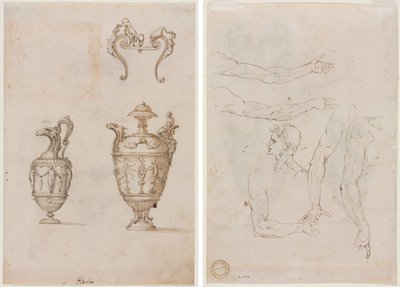 Desenho para Dois Vasos e um Ornamento (reto); Esboços de cinco braços e uma cabeça (verso) de Unknown artist