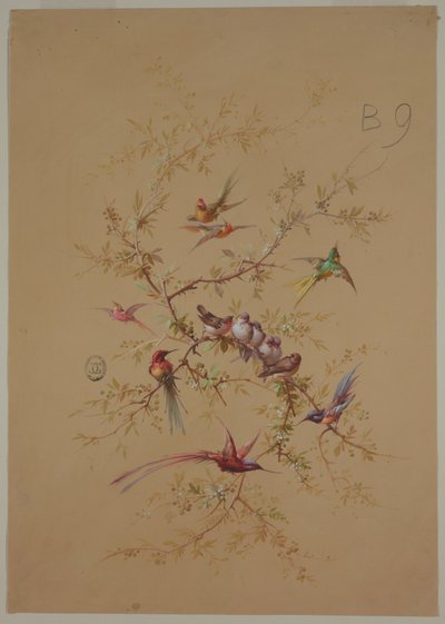 Design para papel de parede e têxtil: flores e pássaros de Unknown artist