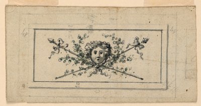 Design para um painel com uma cabeça na frente de dois tirsos cruzados de Unknown artist