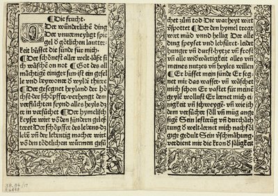 Passagens devocionais com bordaduras ornamentais de Andächtig Zeitglöcklein des Leben und Leidens Christi, Prato 17 de xilogravuras de livros do século XV de Unknown artist