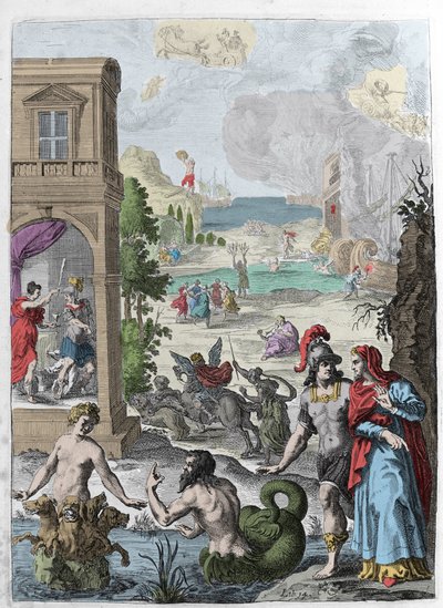 Diferentes metamorfoses, em primeiro plano Scylla e o deus marinho Glaucos apaixonado por ela, em segundo plano o Iphis rejeitado enforcado por Anaxarete. Ilustração retirada do livro XIV de "Metamorfoses" (Metamorfosi) de Ovide (43 AC-17 AD). Gravura 1 de Unknown artist