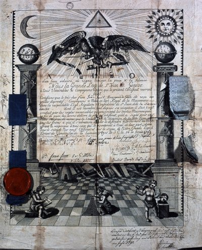 Diploma de Isaac Huit como Companheiro e Mestre na Arte da Alvenaria Real, concedido em 1789 pela Grande Loja de Saint Jean, em Genebra. de Unknown artist