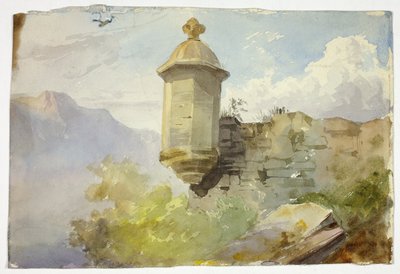 Miradouro abobadado na parede em paisagem de montanha (frente); Figuras a atravessar a ponte diante da montanha (verso) de Unknown artist