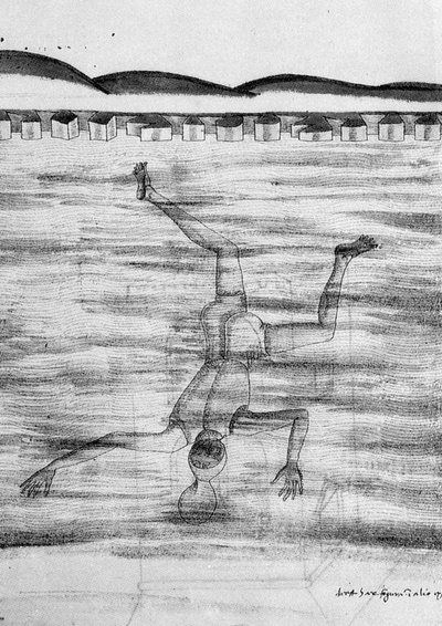 Desenho do século XV mostrando um homem a entrar na água com algum tipo de máscara. de Unknown artist