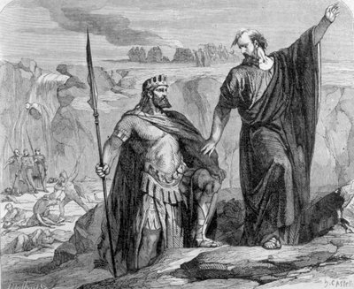 Elijah avisou Ahab que a chuva está iminente. No fundo vemos a adoração de Baal (Ba
