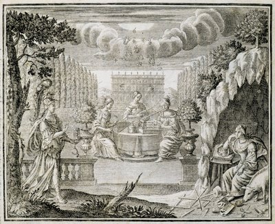 Gravura representando mulheres trabalhando em um tear. Início do século XVIII. de Unknown artist