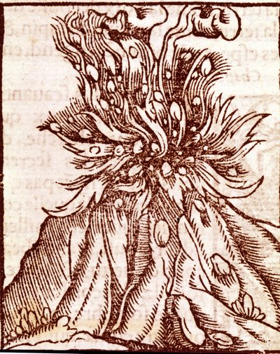 Erupção de um vulcão. Gravura do século XVI. de Unknown artist
