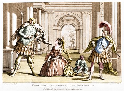 Farinelli (Carlo Broschi, dit; 1705 - 1782) com o soprano Cuzzoni e o castrado Francesco Bernardo Senesino (1680 - 1750) na ópera de George Frederick Handel (Georg Friedrich Handel de Unknown artist